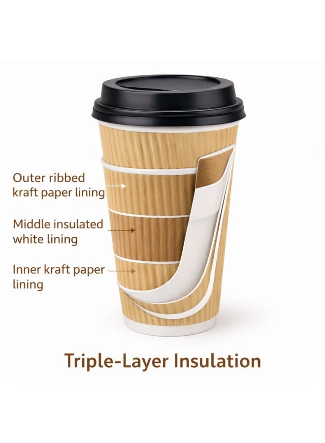Jagravo 12 Oz. Brown Disposable Ripple Insulated Coffee Cups - Eco-Friendly Disposable Cups - Hot Beverage Corrugated Paper Cups With Lids - Sleeve Ripple Wall Paper Coffee Cups for Drink - Tea Cup(12oz 50 Pcs) - Image 3