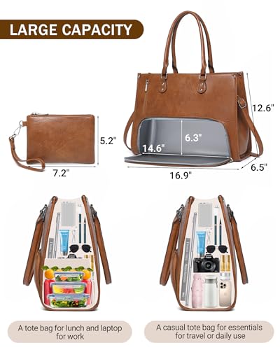 BAVERGE Laptop Tote Bag with Insulated Lunch Compartment for Women Work, PU Leather Lunch Bag with 15.6 Inch Computer Compartment - Image 2