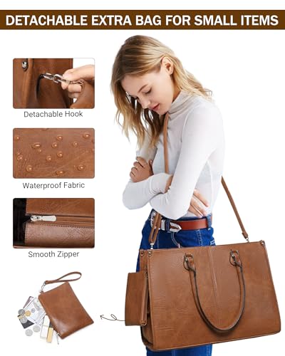 BAVERGE Laptop Tote Bag with Insulated Lunch Compartment for Women Work, PU Leather Lunch Bag with 15.6 Inch Computer Compartment - Image 5