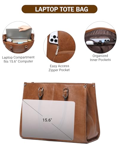BAVERGE Laptop Tote Bag with Insulated Lunch Compartment for Women Work, PU Leather Lunch Bag with 15.6 Inch Computer Compartment - Image 3