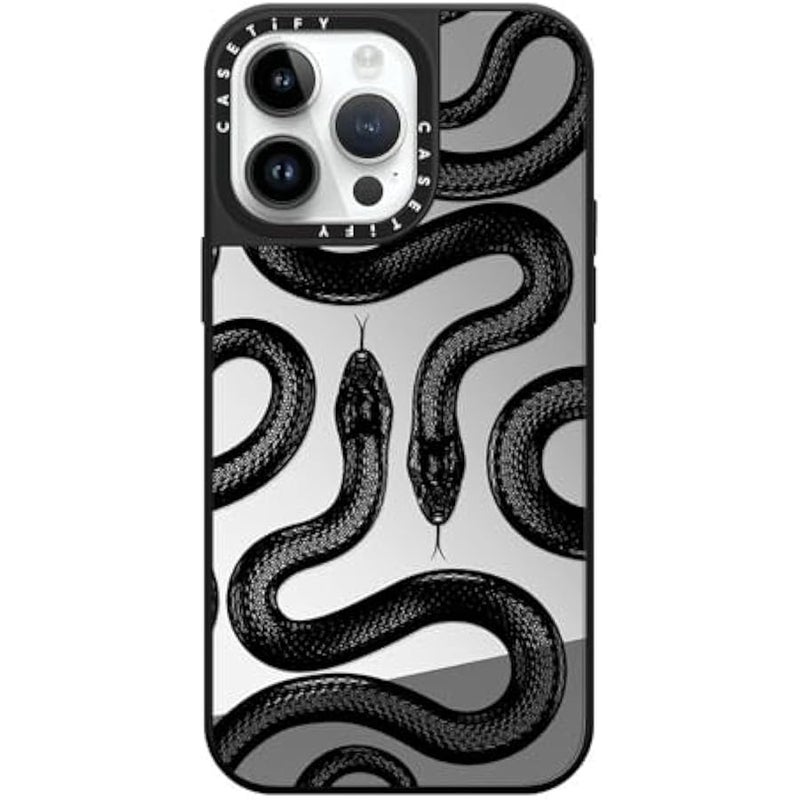 كاستيفي CASETiFY Mirror iPhone 14 Pro Max Case 【Reflective / 4.9ft Drop Protection/Compatible with Magsafe】 - Black Kingsnake - Silver On Black - Image 1