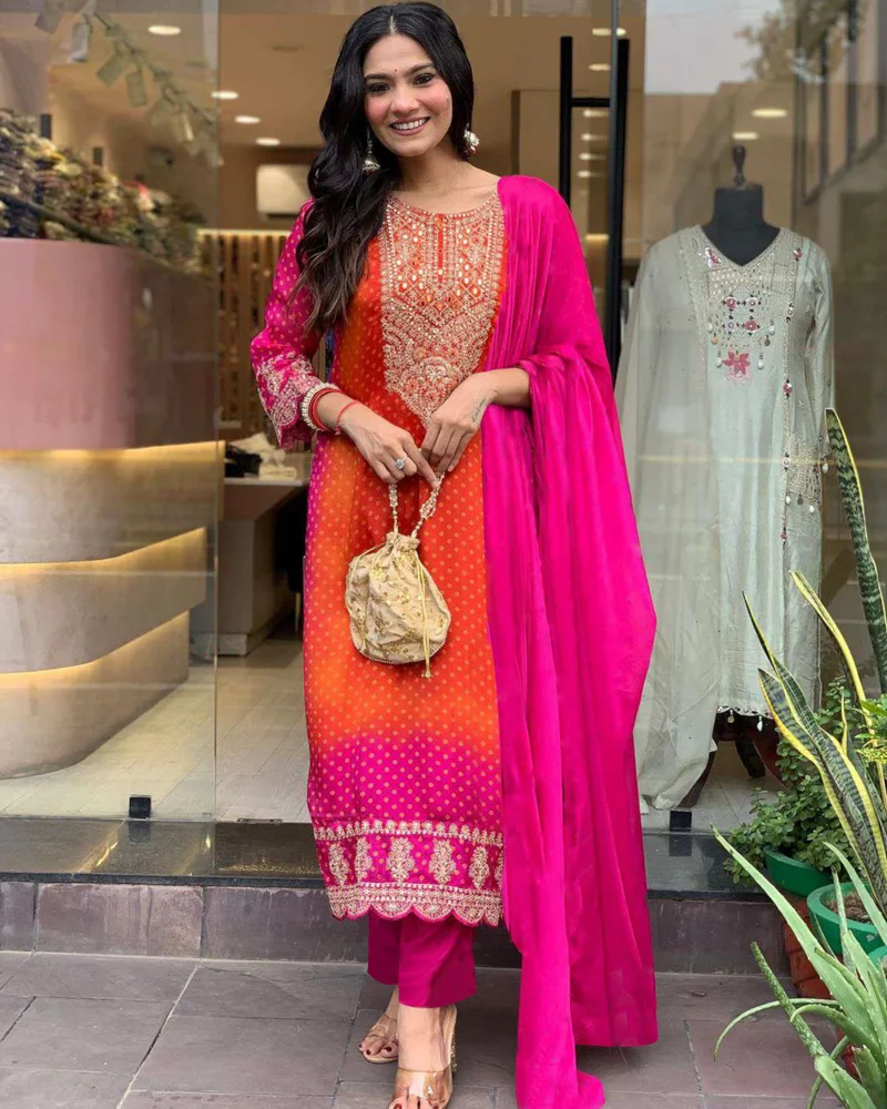 GoSriKi كورتا مطرز مستقيم بمزيج رايون نسائي مع بنطال ووردي دوبتا