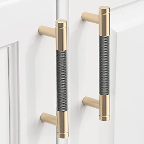 9BUILD 10 Pack 375 Inch Knurled Cabinet Pulls Grey Kitchen Cabinet Handles Brushed Gold Cabinet Hardware Kitchen Handles for Cabinets Brass Dresser Pulls T Bar Drawer Handle - Image 1