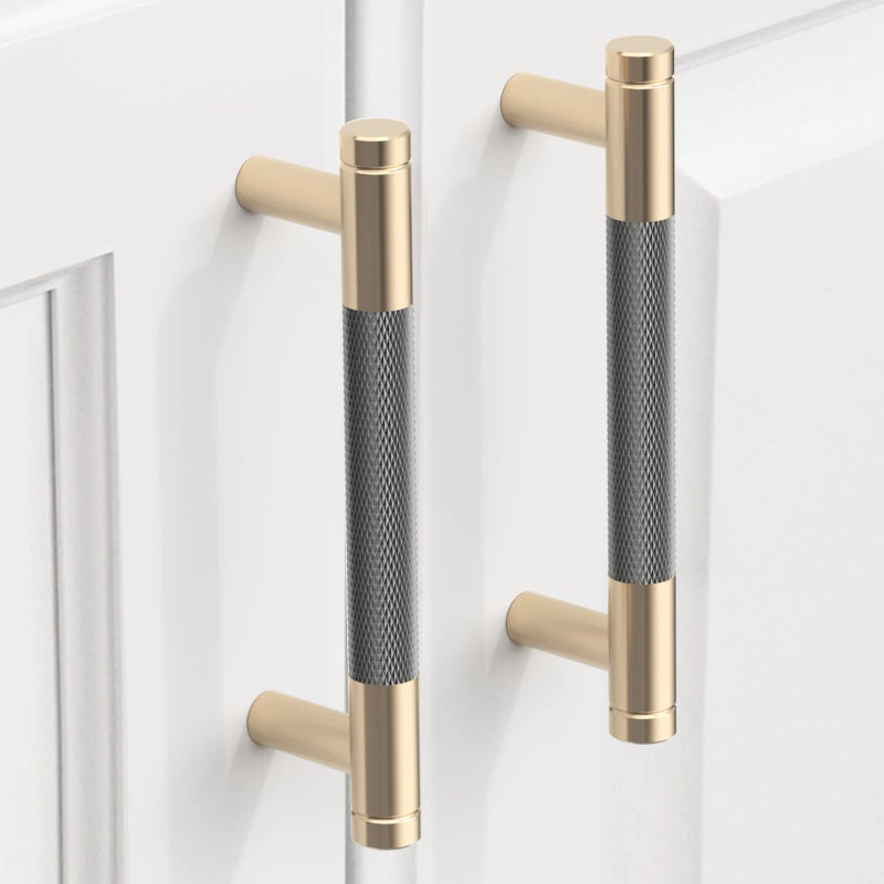 9BUILD 10 Pack 375 Inch Knurled Cabinet Pulls Grey Kitchen Cabinet Handles Brushed Gold Cabinet Hardware Kitchen Handles for Cabinets Brass Dresser Pulls T Bar Drawer Handle - Image 2