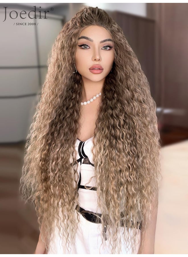 Joedir 32 Long Deep Curly Wavy Lace Front Synthetic Wigs HD Transparent Glueless Lace Wig Heat Resistant Fiber Pre Plucked Hairline with Baby Hair Wig for WomenOmbre Dirty Blond Color - Image 2