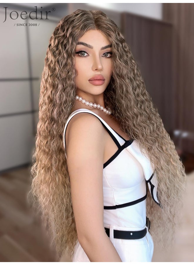 Joedir 32 Long Deep Curly Wavy Lace Front Synthetic Wigs HD Transparent Glueless Lace Wig Heat Resistant Fiber Pre Plucked Hairline with Baby Hair Wig for WomenOmbre Dirty Blond Color - Image 4