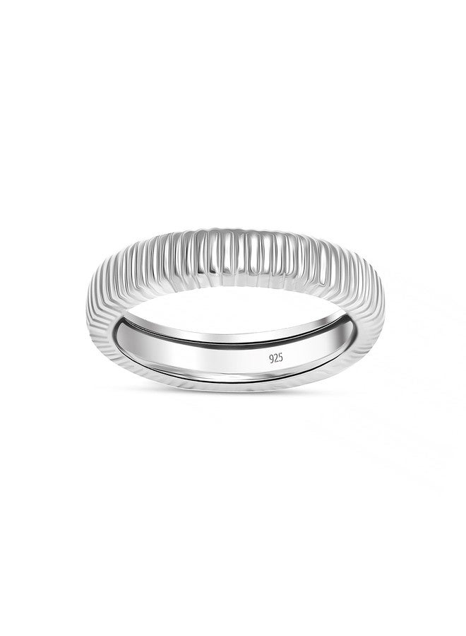 LeCalla 925 Sterling Silver Rings - Chunky Classic Textured Croissant Band Ring for Women | Bold Ribbed Texture Band Statement Rings | Stackable Eternity Wedding Statement Band Ring (Size - 7 No.) - Image 4