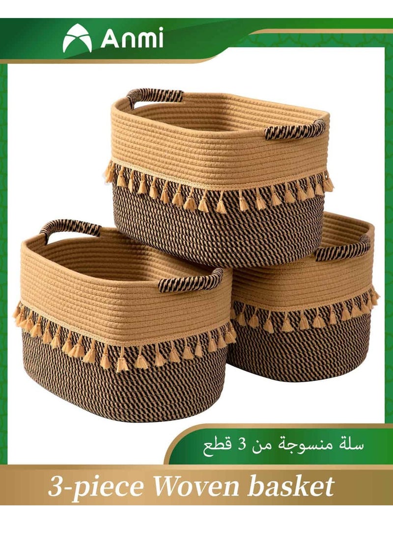 Anmi 3 Pack Woven Basket for Organizing, Decorative Rope Baskets for Storage, Storage for Pets, books, Pillows, Toys & Cloths, Black & Jute - Image 1