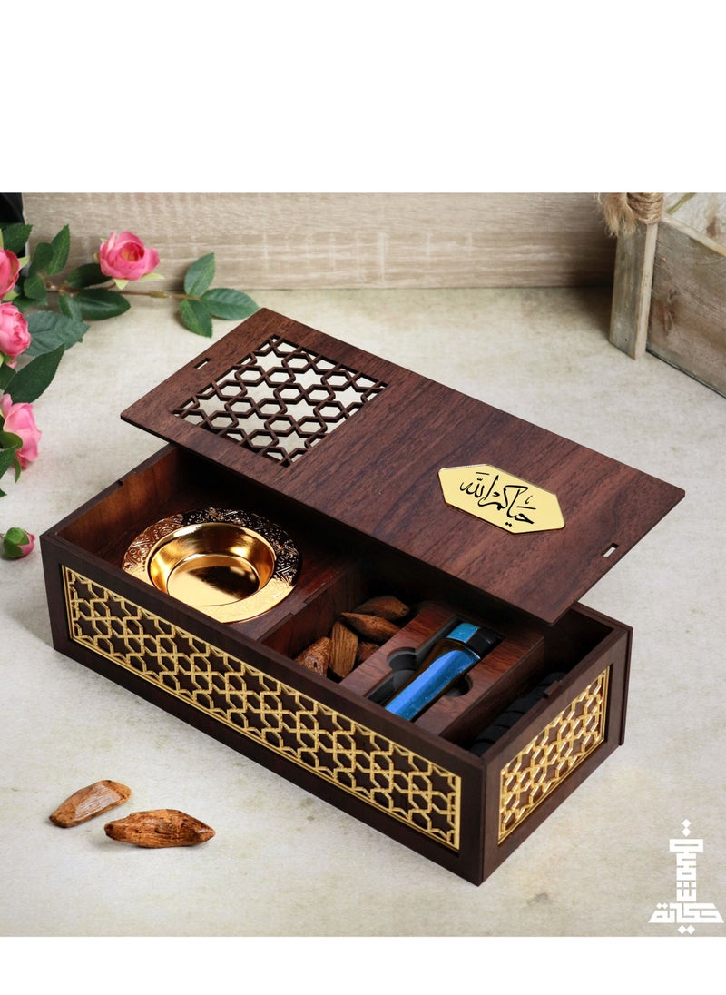 Story Of Candle - A distinctive wooden incense burner with charcoal, a lighter, and Moroccan incense that comes with an Arabic phrase - Image 1