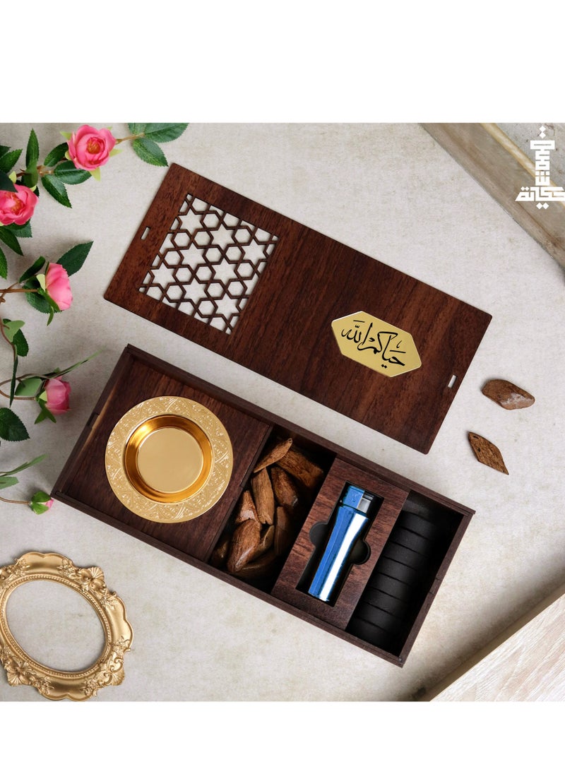 Story Of Candle - A distinctive wooden incense burner with charcoal, a lighter, and Moroccan incense that comes with an Arabic phrase - Image 1