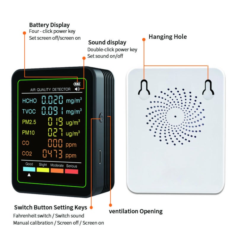 Air Quality Monitor 90*70*35mm Black Large Display For Easy Readability - High-precision Multi-sensors Portable Air Quality Detector For Home Office Warehouse - Image 5