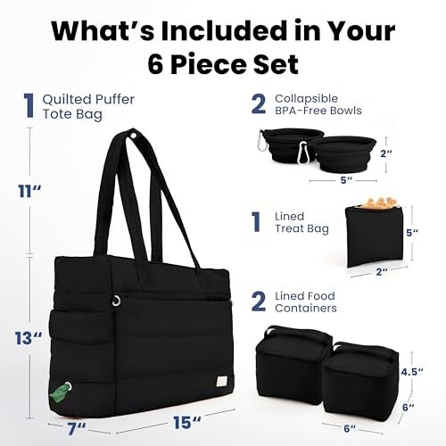 rubyloo Puffer Dog Travel Bag for Dog Moms – Doggy Diaper Bag with Pet Bowls & Food Storage or Everyday Puffy Tote – Doggy Mom Gifts for Women – Lightweight, Travel-Ready Gift for Pet Lovers - Black - Image 4