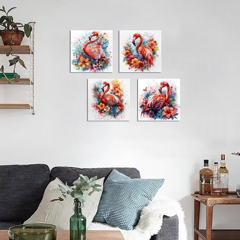 Wall HDQ Flamingo Wall Decor Animal Pictures Floral Pink Plant for Kids Girls Room Decor Framed Posters Paintings Bedroom Office Home Decor 4 Pieces - Image 3