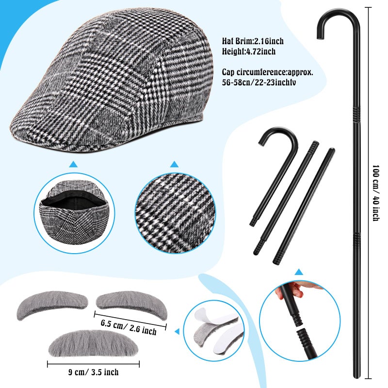 Jeere 100th Day Old Man Costume 1920s Grandpa Accessories Newsboy Hat Glasses Moustache Eyebrows Pocket Watch(Vivid Style) - Image 2