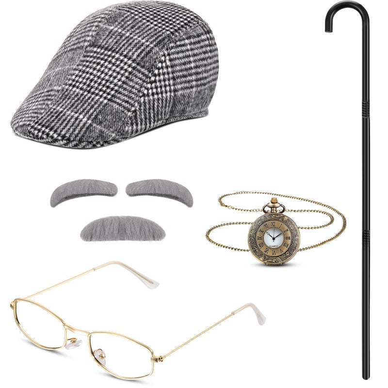 Jeere 100th Day Old Man Costume 1920s Grandpa Accessories Newsboy Hat Glasses Moustache Eyebrows Pocket Watch(Vivid Style) - Image 1