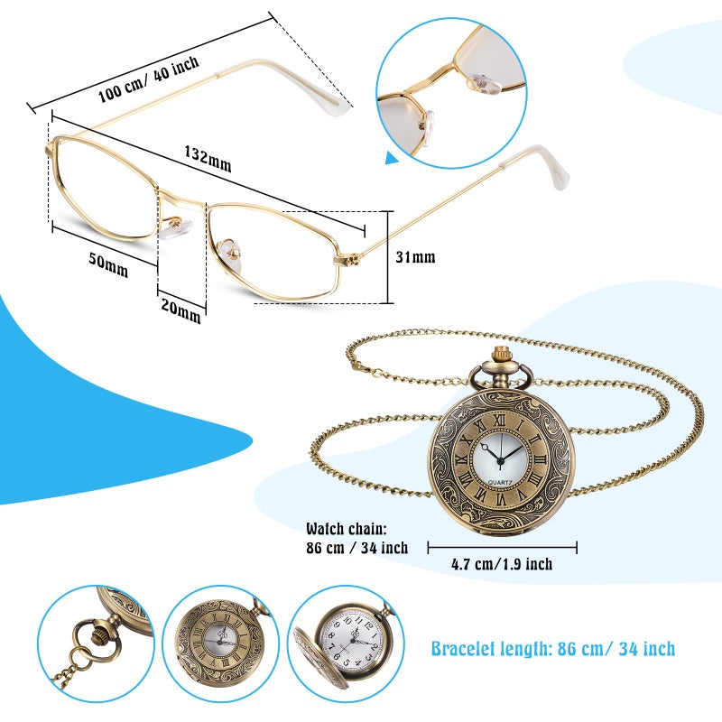 Jeere 100th Day Old Man Costume 1920s Grandpa Accessories Newsboy Hat Glasses Moustache Eyebrows Pocket Watch(Vivid Style) - Image 3