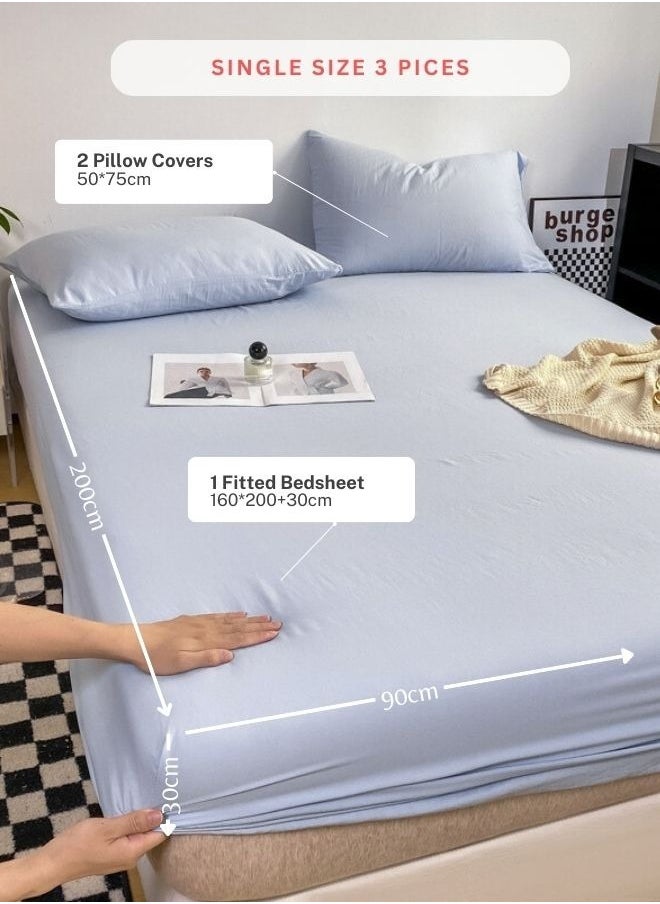 LUNA Home 3-Piece Set: Includes a single-size fitted bedsheet and two pillowcases, washable cotton in a blue color.  - Image 3