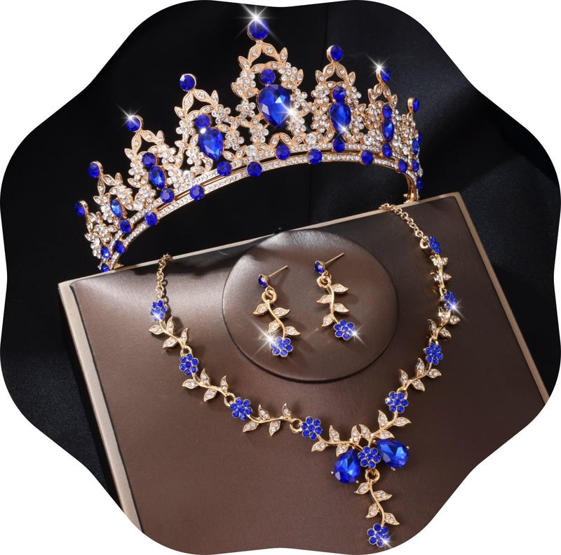 Kamirola Tiaras and Crowns for Women,Tiaras Earrings Necklace, Crystal Bridal Jewelry Set, Costume Party Halloween Prom Pageant Jewelry for Women(TR45) (Gold Blue) - Image 1