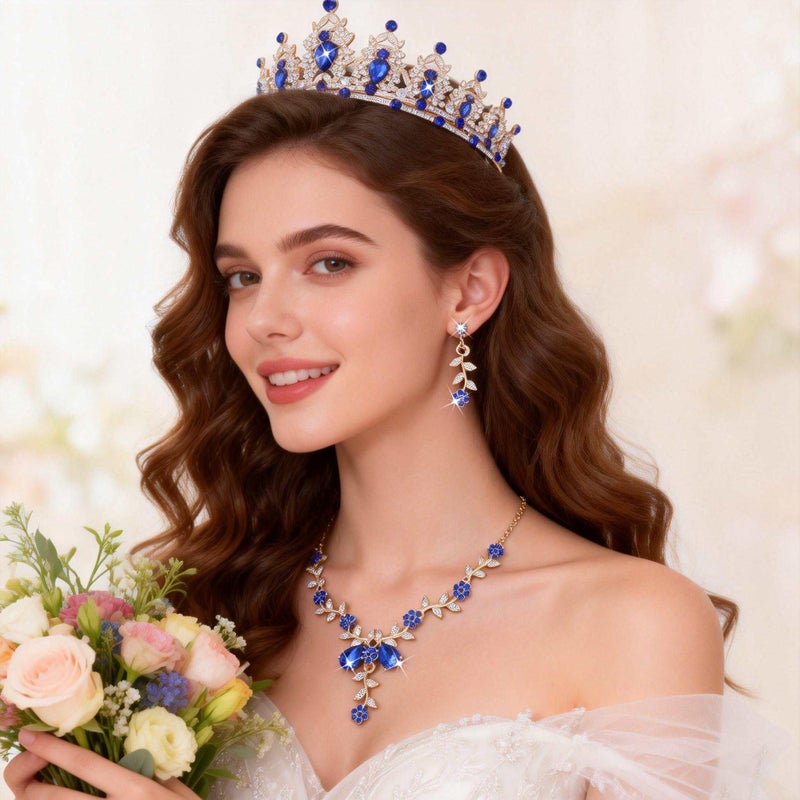 Kamirola Tiaras and Crowns for Women,Tiaras Earrings Necklace, Crystal Bridal Jewelry Set, Costume Party Halloween Prom Pageant Jewelry for Women(TR45) (Gold Blue) - Image 2