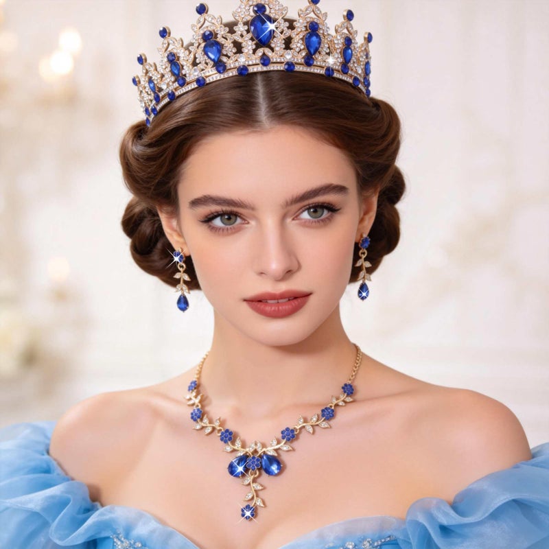 Kamirola Tiaras and Crowns for Women,Tiaras Earrings Necklace, Crystal Bridal Jewelry Set, Costume Party Halloween Prom Pageant Jewelry for Women(TR45) (Gold Blue) - Image 4