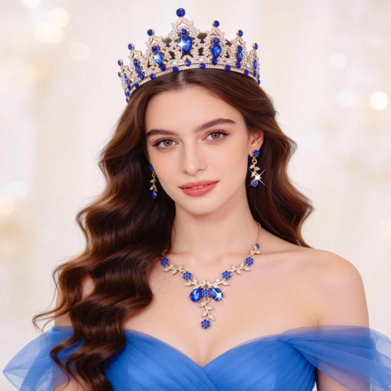 Kamirola Tiaras and Crowns for Women,Tiaras Earrings Necklace, Crystal Bridal Jewelry Set, Costume Party Halloween Prom Pageant Jewelry for Women(TR45) (Gold Blue) - Image 5
