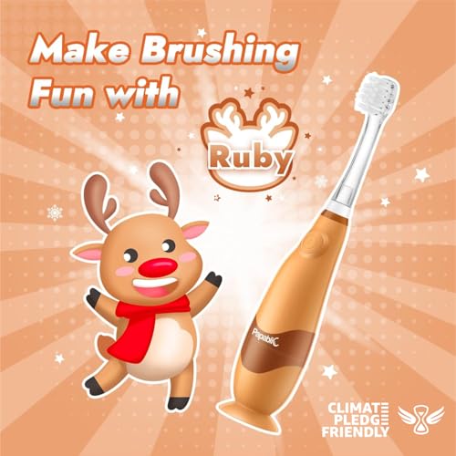 Papablic Toddler Sonic Electric Toothbrush for Ages 1-3 Years, Baby Electric Toothbrush with Cute Reindeer Cover and Smart LED Timer, 2 Brush Heads (Ruby) - Image 2