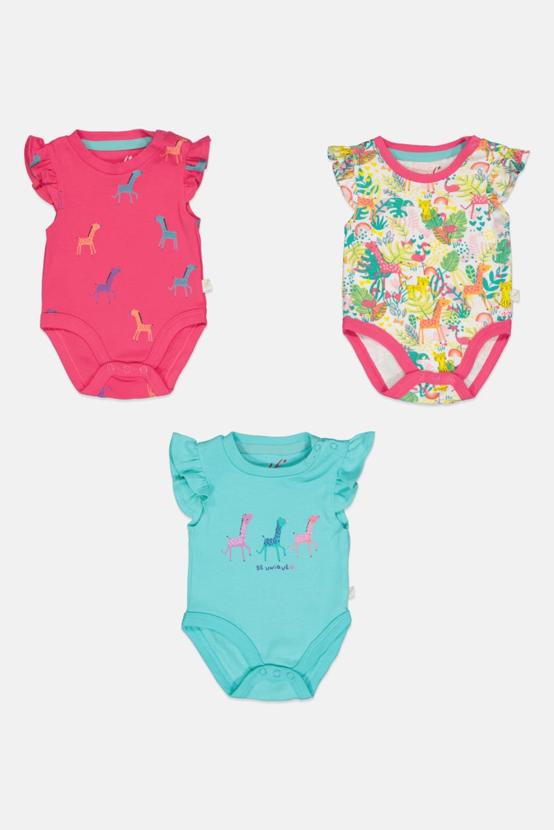 Hamleys Toddlers Girl 3 Pack Allover Print Short Sleeve Bodysuit, Multicolor - Image 2