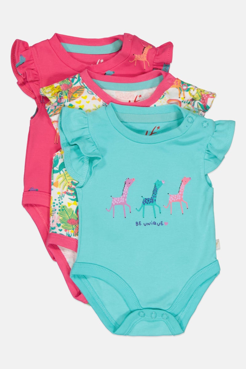 Hamleys Toddlers Girl 3 Pack Allover Print Short Sleeve Bodysuit, Multicolor - Image 4