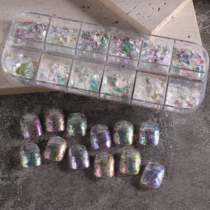Furimuk Holographic Opal Nail Art Glitter Flakes Powder Aurora Iridescent Pigment Ice Crystal Mermaid Paillettes Sparkly Sequins Design for Manicure Decoration Accessories 12 Grids - Image 2