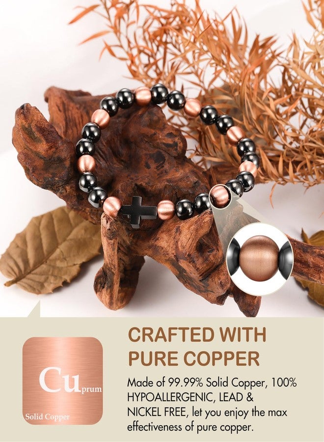 Feraco Pure Copper Magnetic Bead Bracelet for Men Women with Cross, 8mm 99.99% Solid Copper & 3500 Gauss Magnetic Hematite Beads, Unisex Stretch Wristband, Gift-Ready Jewelry - Image 3