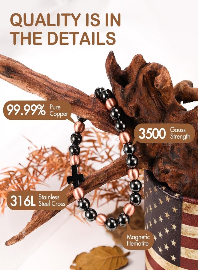 Feraco Pure Copper Magnetic Bead Bracelet for Men Women with Cross, 8mm 99.99% Solid Copper & 3500 Gauss Magnetic Hematite Beads, Unisex Stretch Wristband, Gift-Ready Jewelry - Image 2