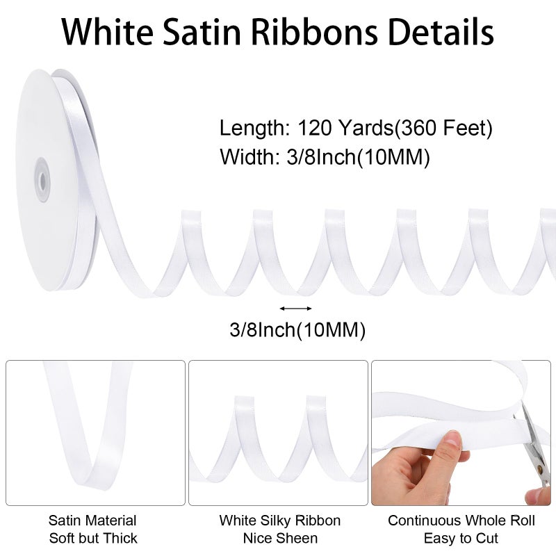 woric White Ribbon 3/8 Inch 120 Yards Thin Ribbon White Satin Ribbons for Hair Gift Wrapping Bow Making Gift Bags Jewelry Beaded String Balloon Sewing Cards DIY Crafts Easter Decorations - Image 2