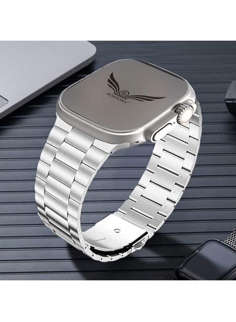 BORTONY Stainless Steel Watch Band Compatible with iWatch 42mm 44mm 45mm 49mm -- Premium Metal Strap for Apple Watch Ultra, Series 8, 7, 6, 5, SE, SE2 – Elegant, Durable Replacement Band for Men and Women  Silver - Image 4