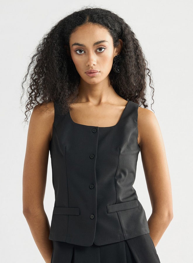 سبلاش فيڤ جاكيت سادة ملفوف دون أكمام بياقة مربعة وأزرار إغلاق - Image 1