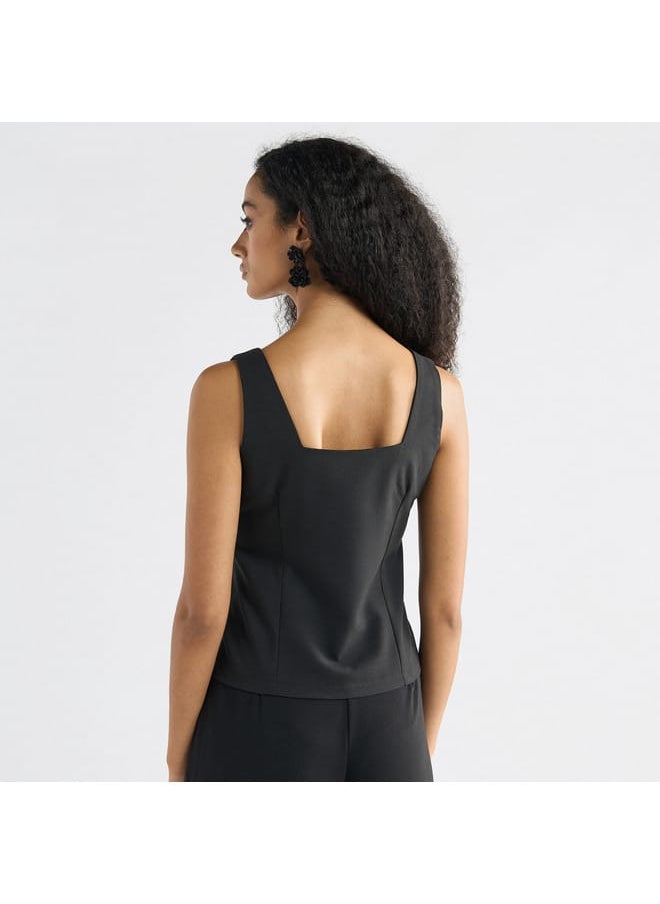 Splash FAV Solid Sleeveless Wrap Jacket with Square Neck and Button Closure  - Image 3
