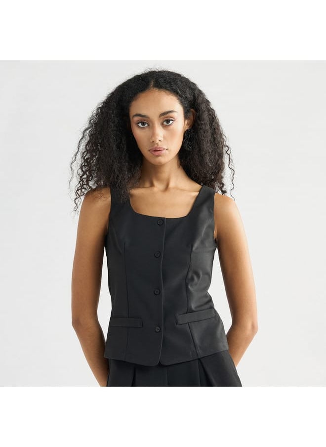 Splash FAV Solid Sleeveless Wrap Jacket with Square Neck and Button Closure  - Image 1