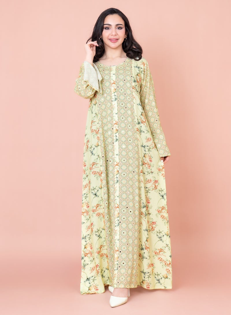 IKKXA Floral Patterns Modern Jalabiya IN056 Green - Image 1