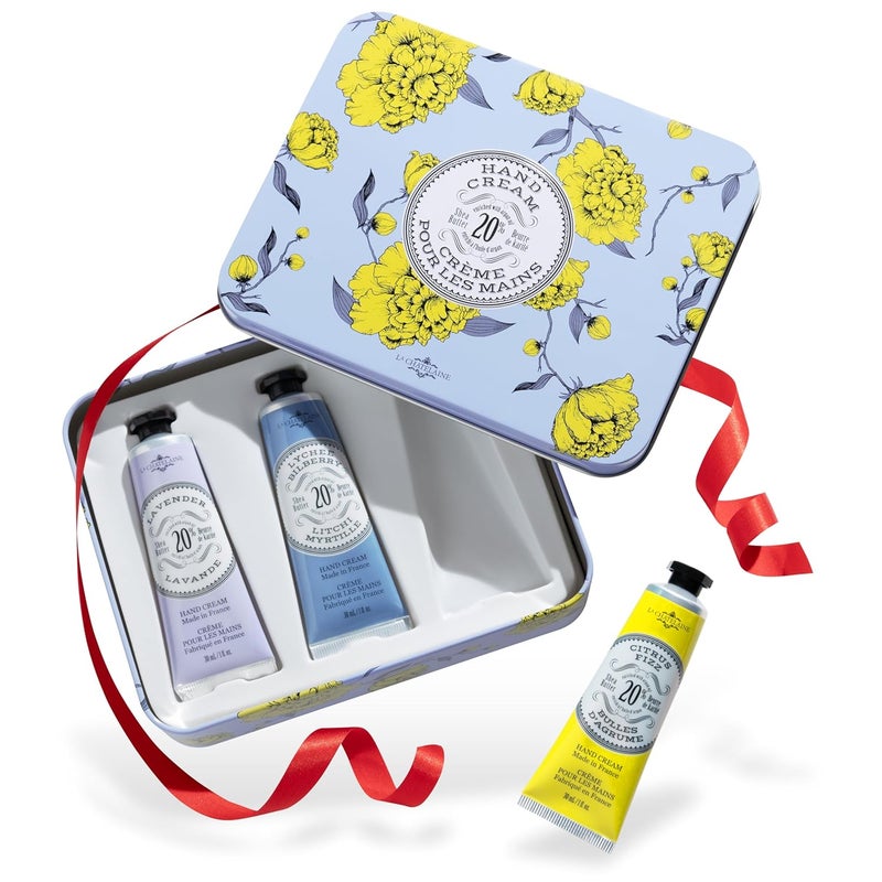 La Chatelaine French Hand Cream Trio Tin Holiday Gift Set Hand Lotion for Women Made in France with 20 Organic Shea Butter Lavender Lychee Bilberry  Lemon Verbena or Citrus Fizz 3 x 1 fl oz