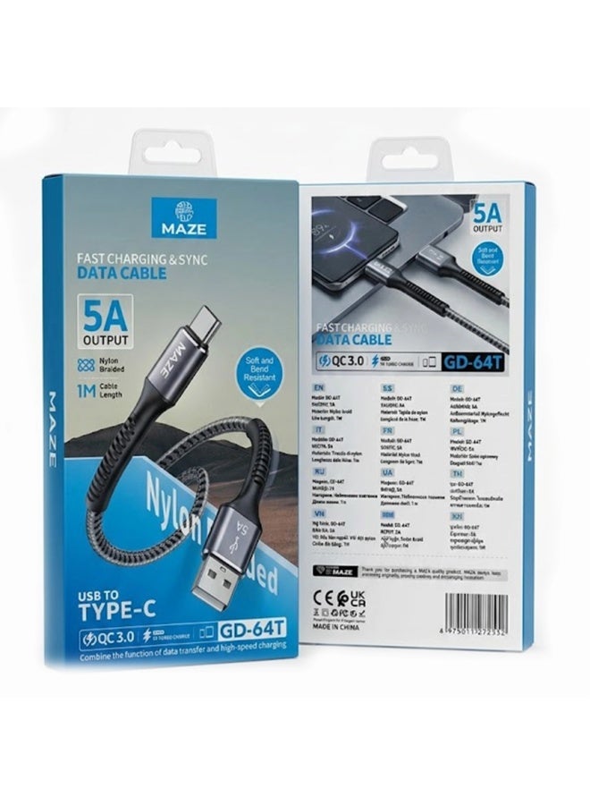 ميذ كابل USB-C إلى USB للشحن السريع بقوة 5 أمبير – يدعم تقنية الشحن السريع QC 3.0 ونقل البيانات عالي السرعة، يتميز بتصميم متين ومجدول من النايلون ومقاوم للانحناء، بطول 1 متر، ومتوافق مع الهواتف الذكية والأجهزة اللوحية وأجهزة الكمبيوتر المحمولة. - Image 3