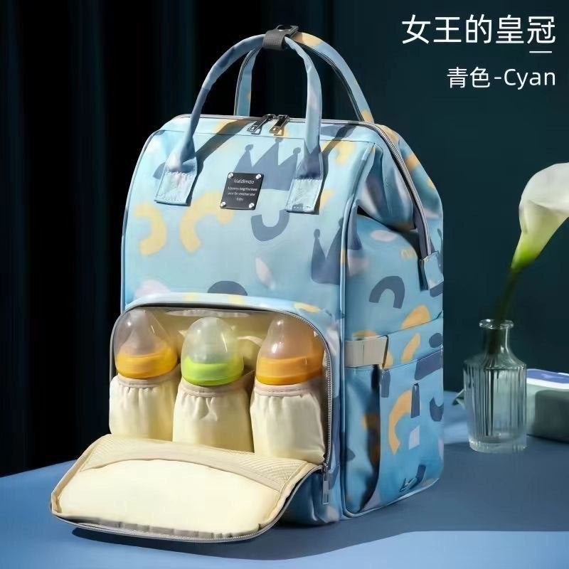 NAMA Multi-Functional Baby Diaper Backpack Organizer with Thermal Bottle Pockets and Crown Pattern in Cyan Blue - Image 1