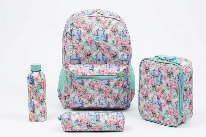 Depo DEPO 4-Piece School Backpack Set 44cm for Girls – Backpack, Insulated Lunch Bag, Pencil Case & 500ml Water Bottle – Pink Floral Pattern