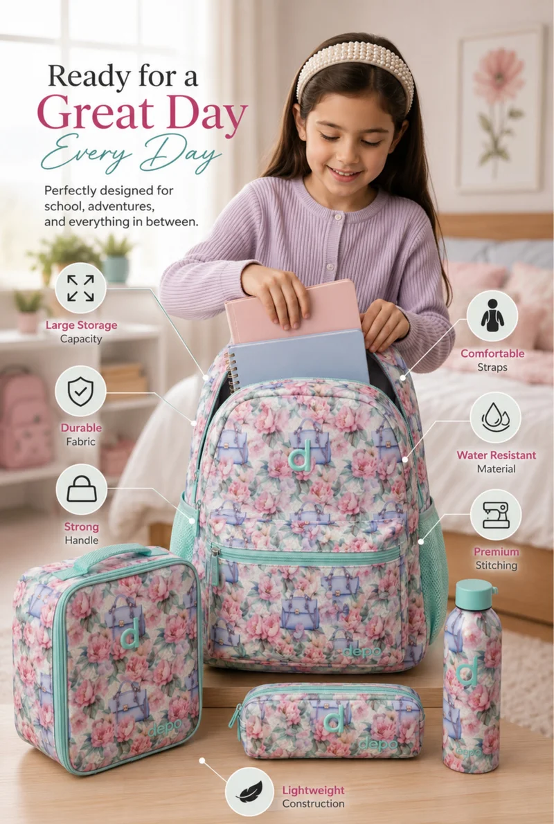 Depo DEPO 4-Piece School Backpack Set 44cm for Girls – Backpack, Insulated Lunch Bag, Pencil Case & 500ml Water Bottle – Pink Floral Pattern