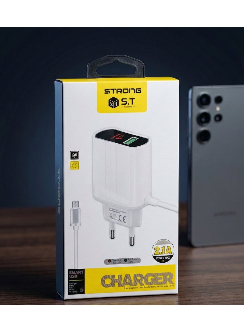 سترونج شاحن مايكرو بلمبة LED مؤشر شحن (احمر/اخضر) 2.1A + كابل مايكرو، شحن سريع USB، ابيض - Image 1