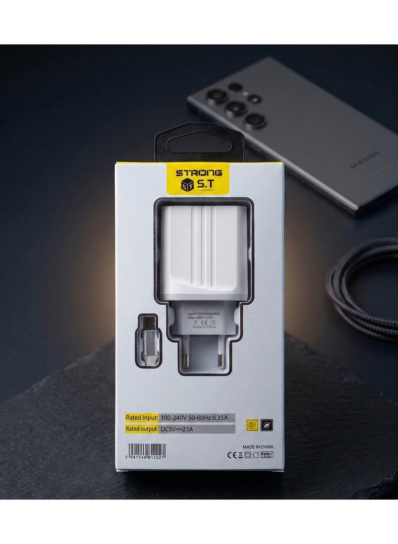 سترونج شاحن مايكرو بلمبة LED مؤشر شحن (احمر/اخضر) 2.1A + كابل مايكرو، شحن سريع USB، ابيض - Image 2