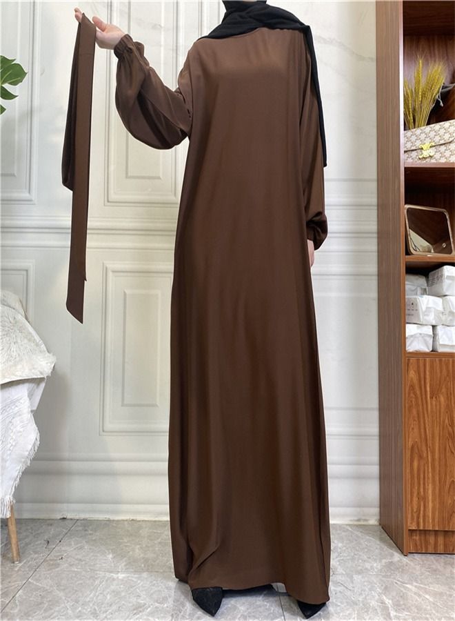 Loquat Casual Elegant Lace-Up Dress Abaya Brown  - Image 1