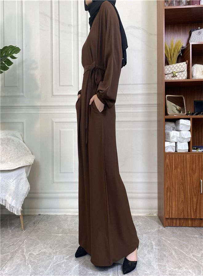 Loquat Casual Elegant Lace-Up Dress Abaya Brown  - Image 2
