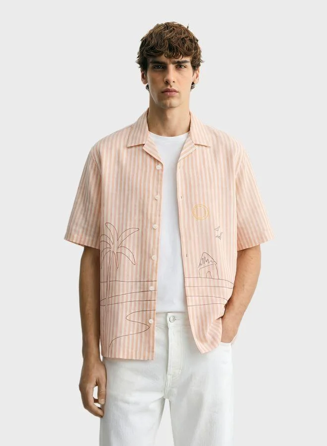 The Indian Garage Co Men Oversized Fit Striped Cuban Collar Half Sleeves Shirt