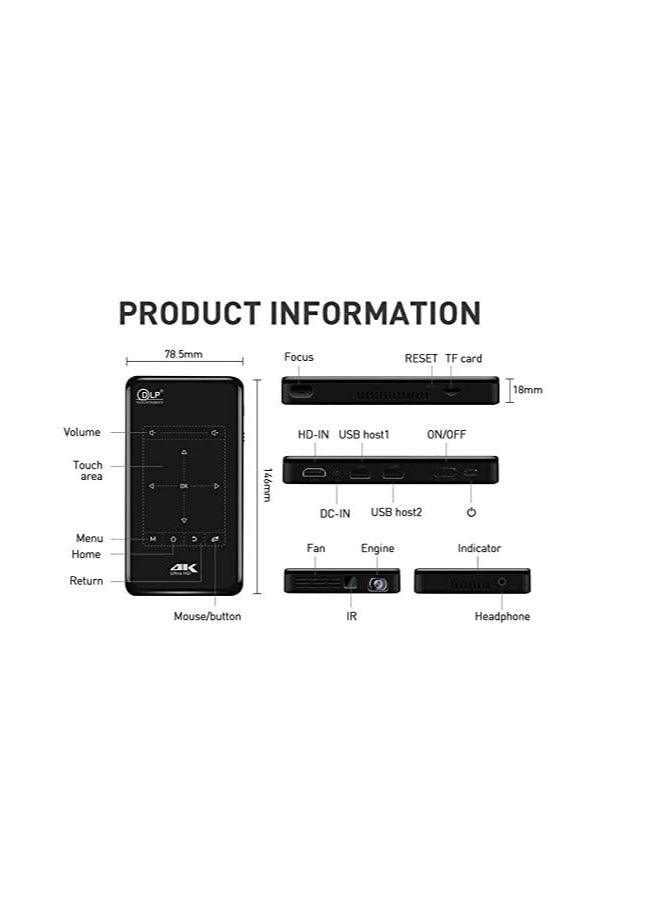 4K DLP Mini Smart Projector with HD Resolution, Android 6.0, HDMI Input, USB Hard Drive Read, Bluetooth Speaker, Black