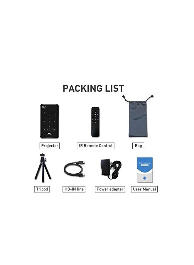 4K DLP Mini Smart Projector with HD Resolution, Android 6.0, HDMI Input, USB Hard Drive Read, Bluetooth Speaker, Black