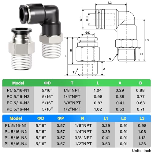 TAILONZ PNEUMATIC Elbow and Straight Combination 5/16 Inch Tube OD x 1/4 Inch NPT Thread Push to Connect Fittings PC-5/16-N2+PL-5/16-N2(Pack of 12) - Image 2